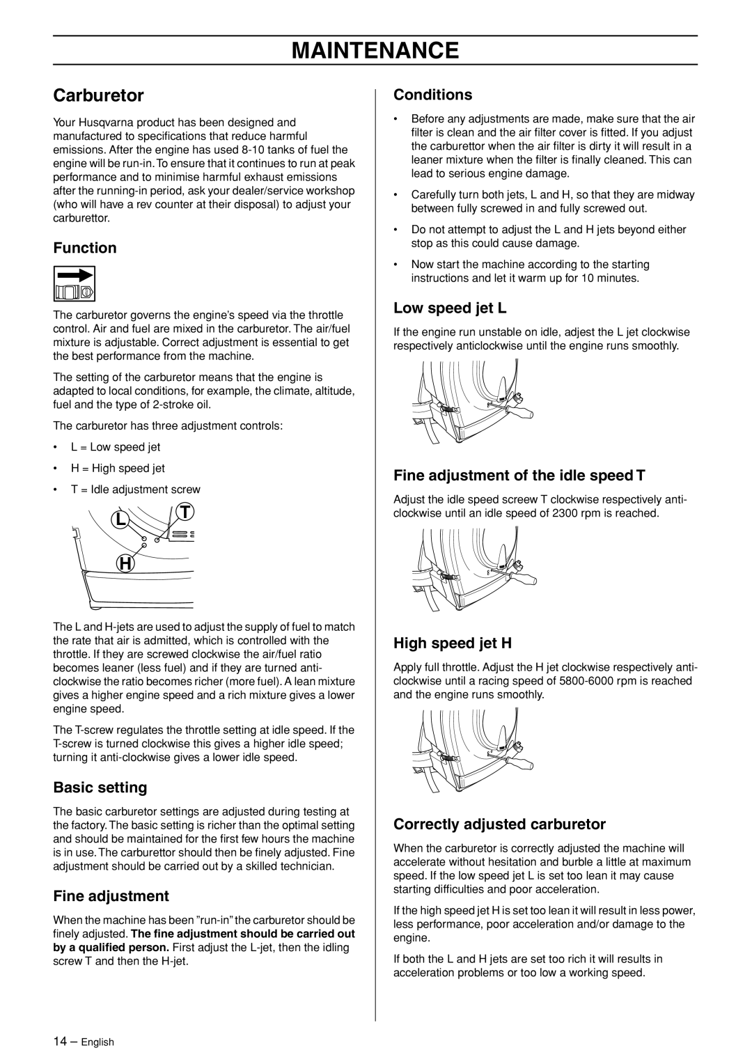 Husqvarna 953210103 manual Maintenance, Carburetor 