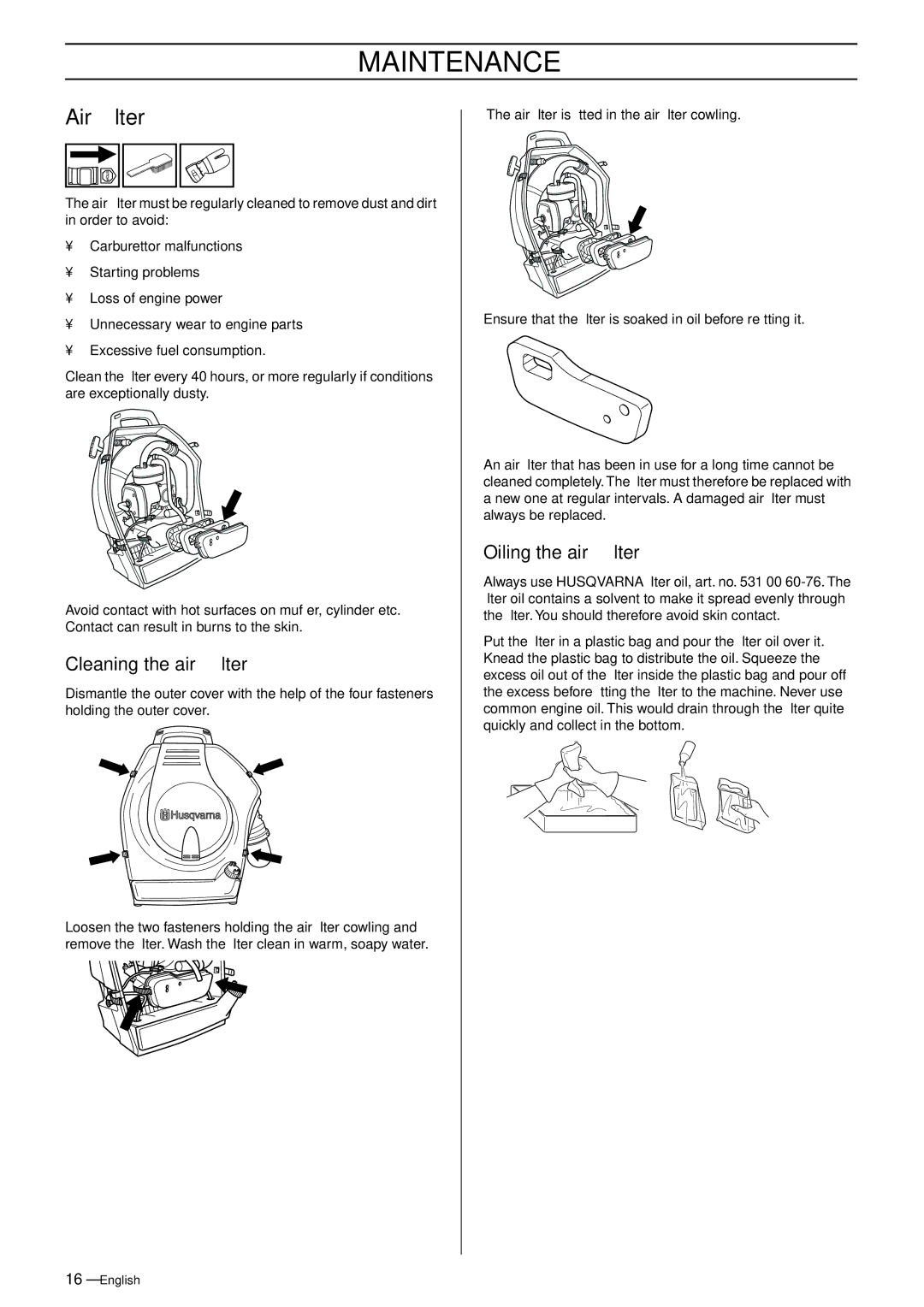 Husqvarna 953210103 manual Air ﬁlter, Cleaning the air ﬁlter, Oiling the air ﬁlter 