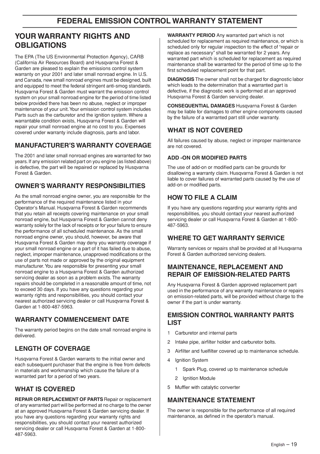 Husqvarna 953210103 manual Warranty Commencement Date 