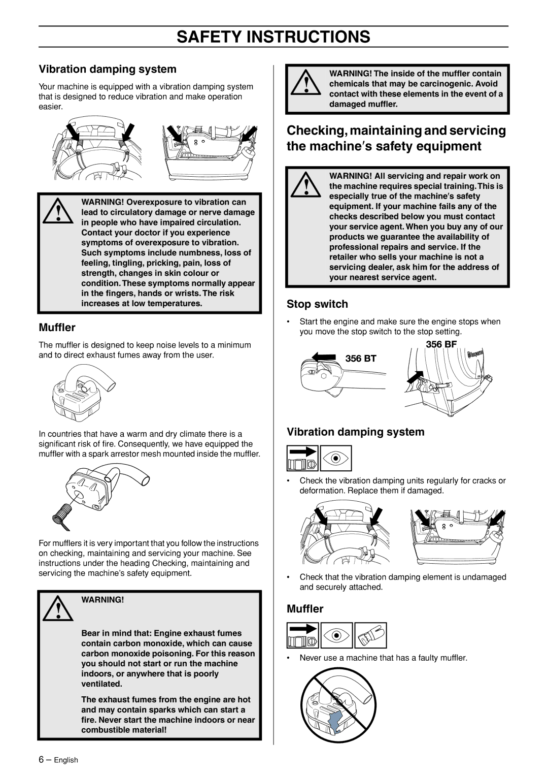 Husqvarna 953210103 manual Vibration damping system, Mufﬂer 