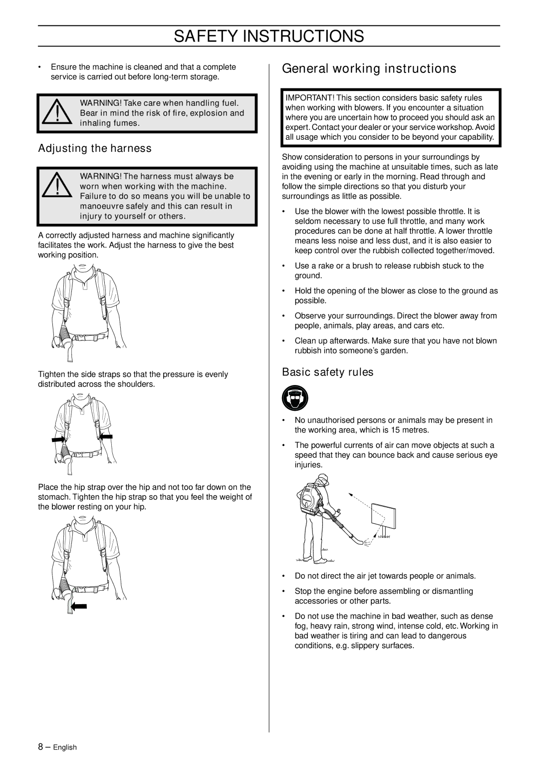 Husqvarna 953210103 manual General working instructions, Adjusting the harness, Basic safety rules 