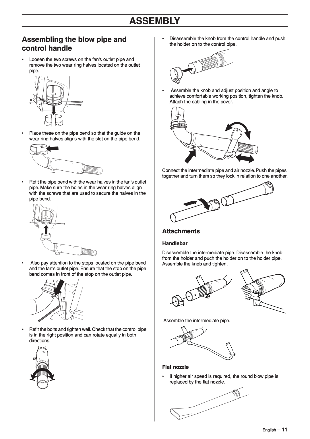Husqvarna 953210103 manual Assembly, Assembling the blow pipe and control handle, Handlebar, Flat nozzle 