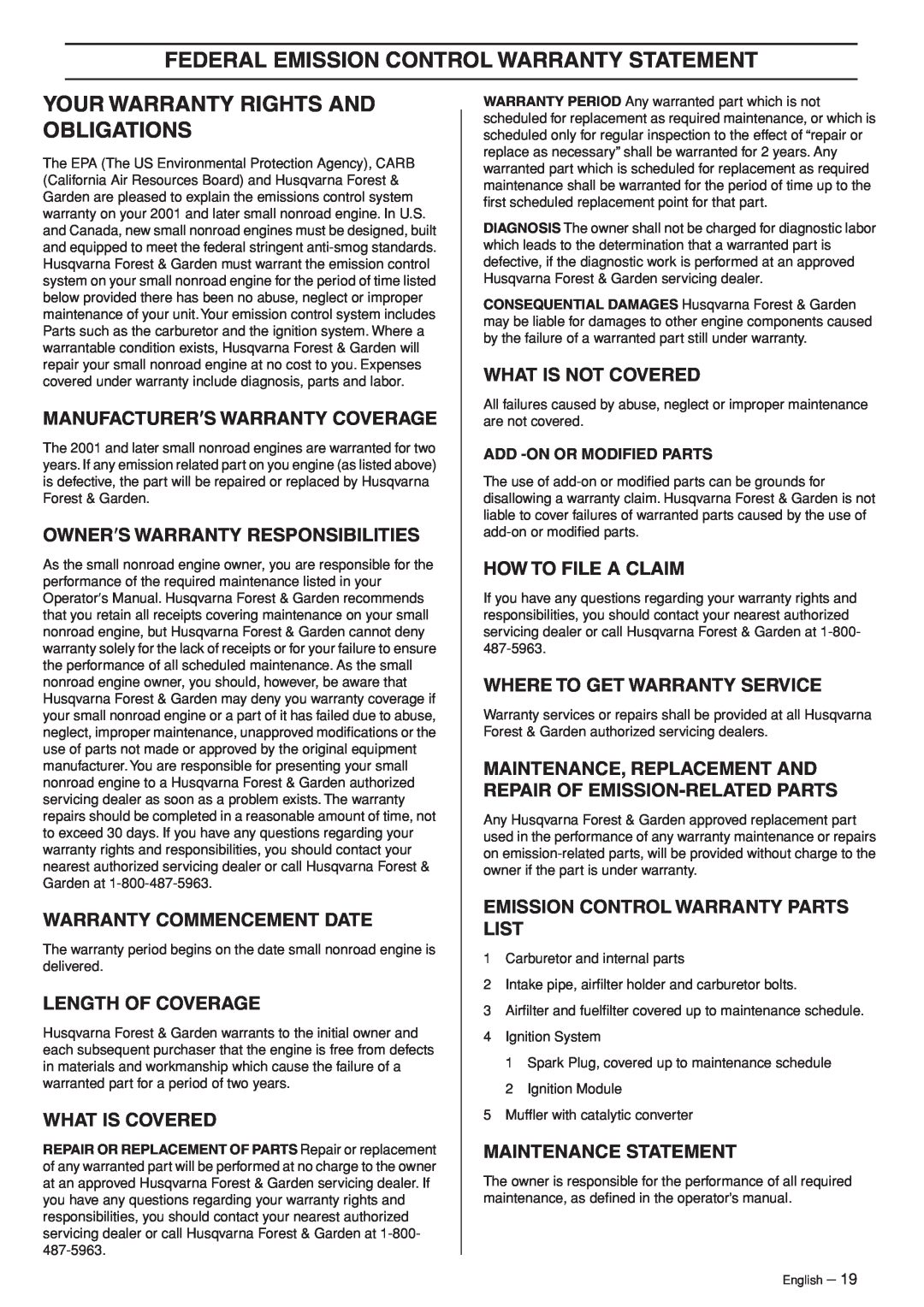 Husqvarna 953210103 manual Federal Emission Control Warranty Statement, Your Warranty Rights And Obligations 