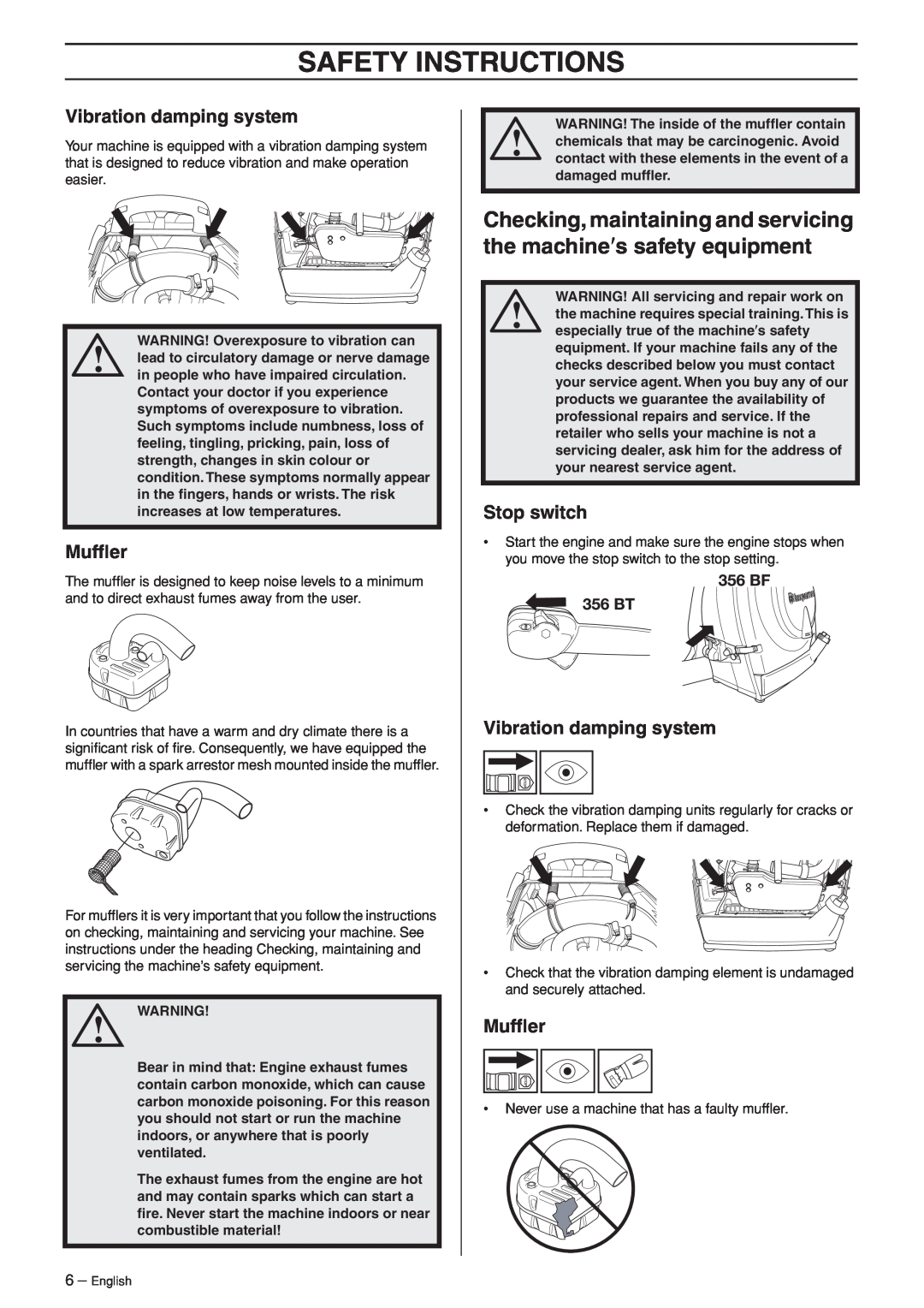 Husqvarna 953210103 manual Checking, maintaining and servicing the machine′s safety equipment, Safety Instructions 