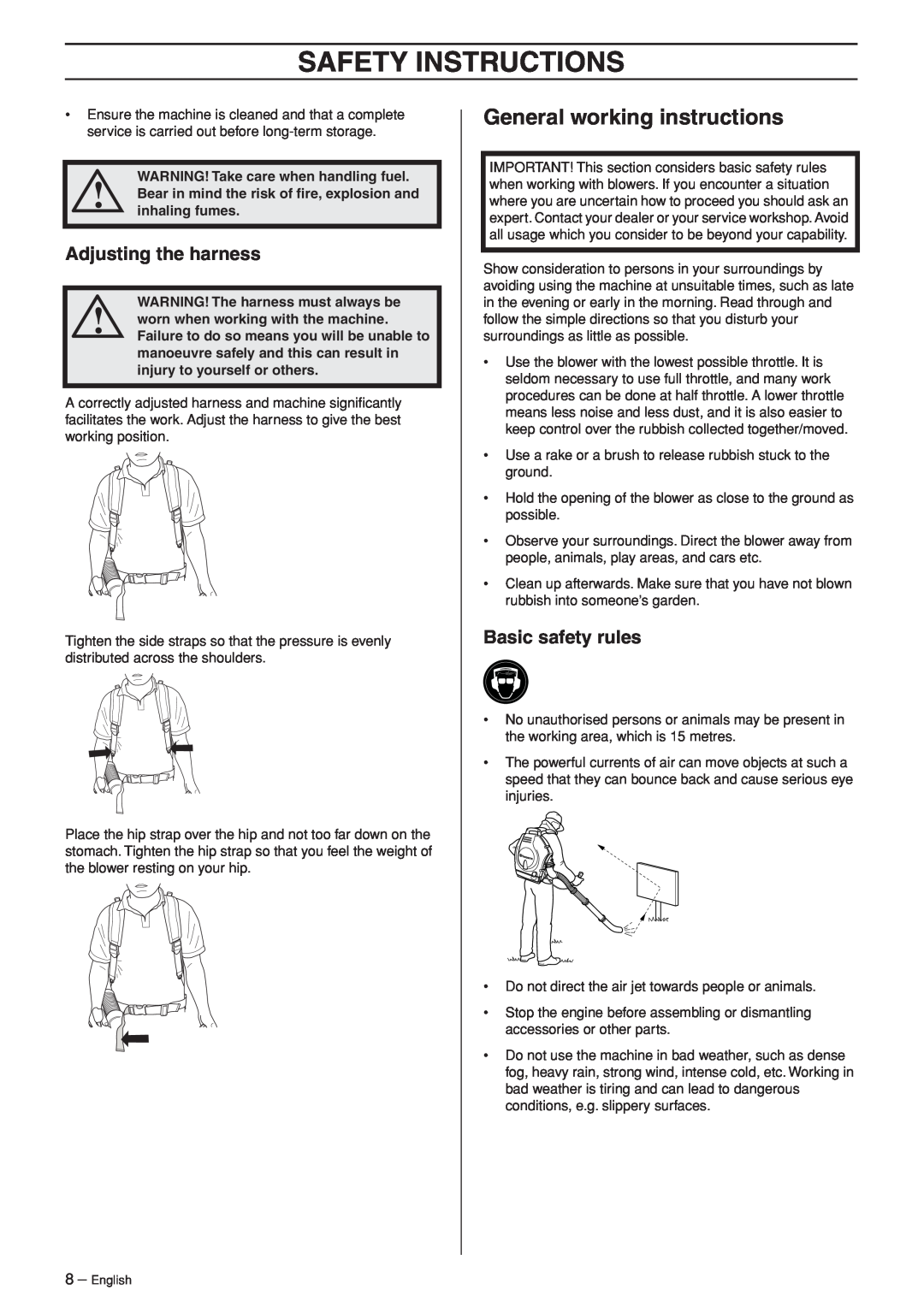Husqvarna 953210103 manual General working instructions, Safety Instructions, Adjusting the harness, Basic safety rules 