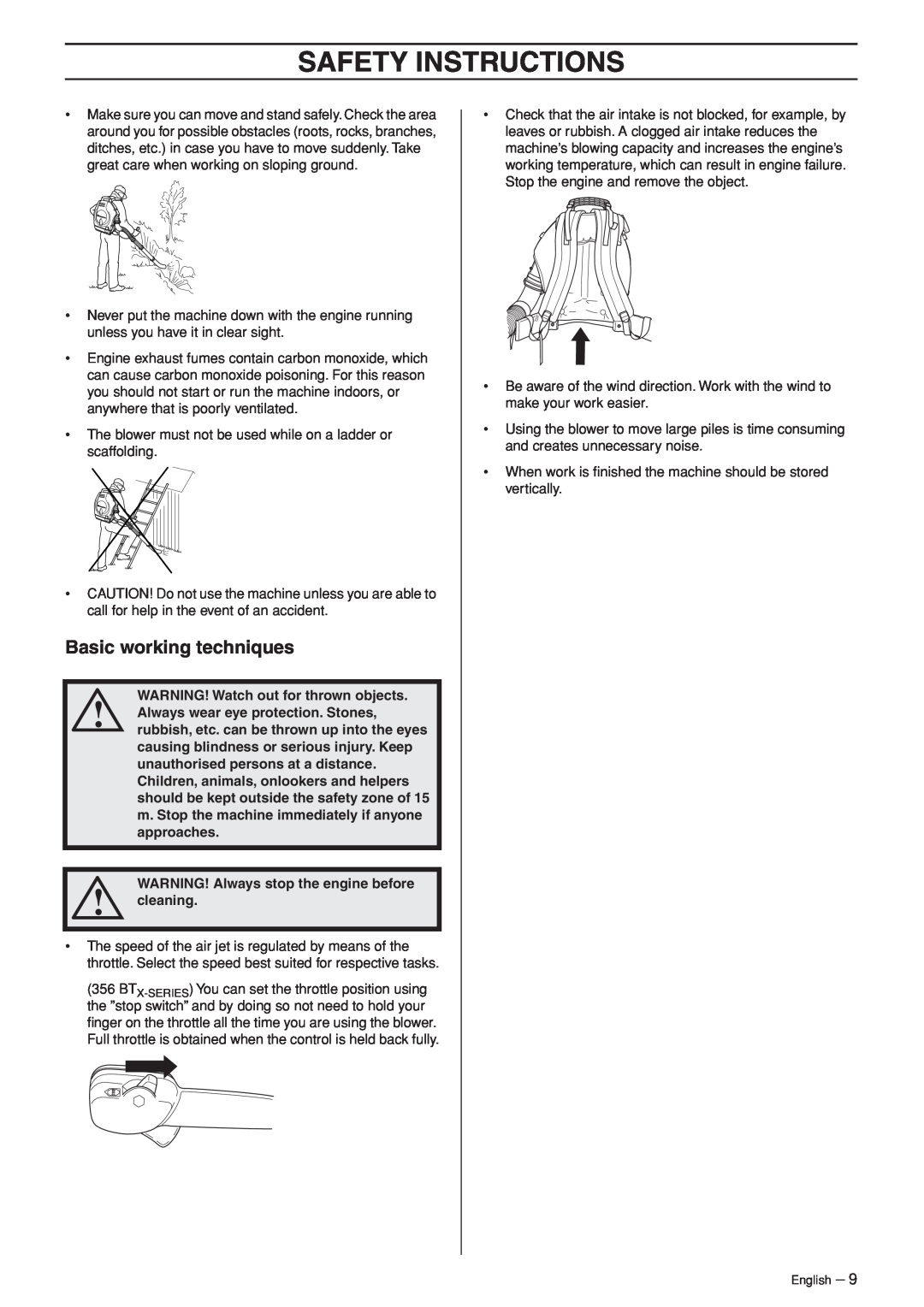 Husqvarna 953210103 manual Safety Instructions, Basic working techniques, WARNING! Watch out for thrown objects 