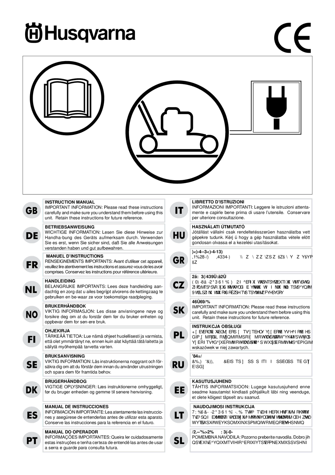 Husqvarna 953878303, 953878322, 953876533, 953876562 instruction manual Betriebsanweisung 