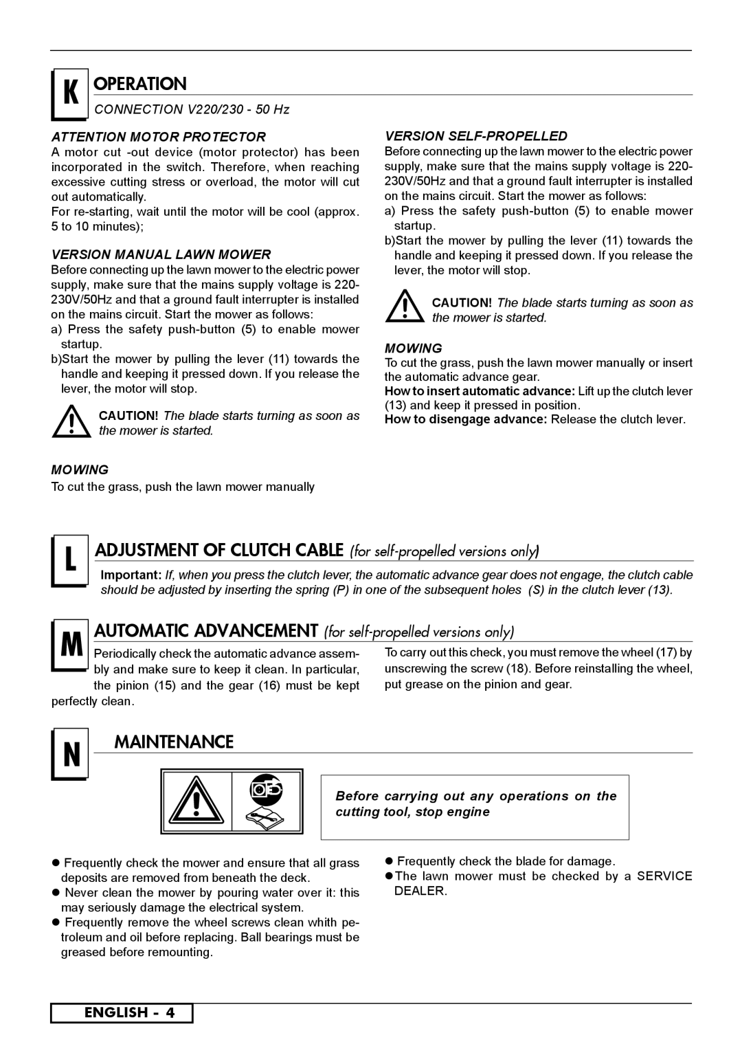 Husqvarna 953876533, 953878322 Operation, Maintenance, Adjustment of Clutch Cable for self-propelled versions only, Mowing 