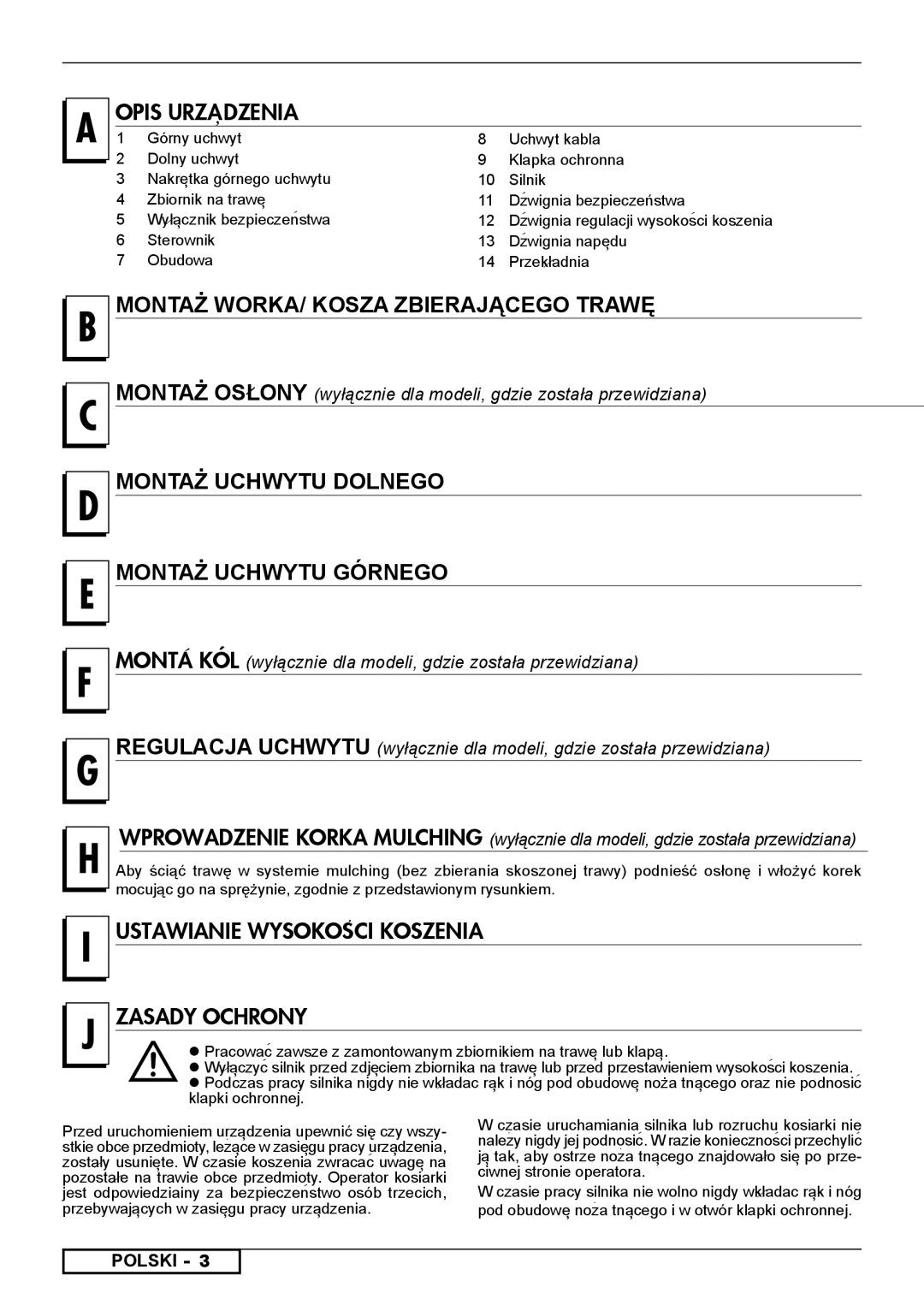 Husqvarna 953878322, 953878303 Opis URZA%DZENIA, Montaż WORKA/ Kosza Zbierającego Trawę, Ustawianie WYSOKOSéCI Koszenia 