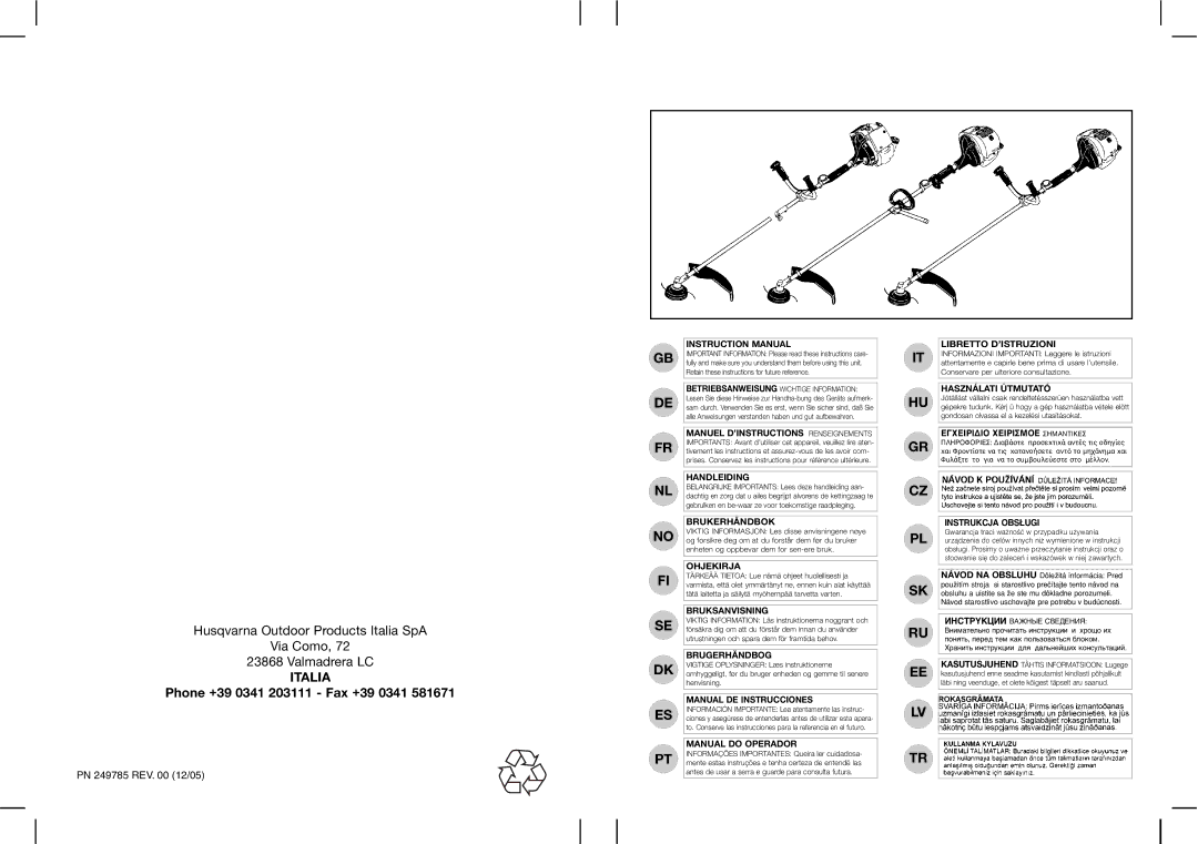 Husqvarna 953900243, 953900445, 953900453, 953900676, 953900104, 953900244, 953900423, 953900691, 262 instruction manual Italia 