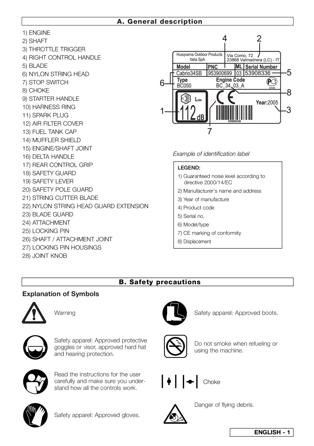 Husqvarna 953900104, 953900445, 953900243, 953900453, 262, 290 General description, Safety precautions Explanation of Symbols 