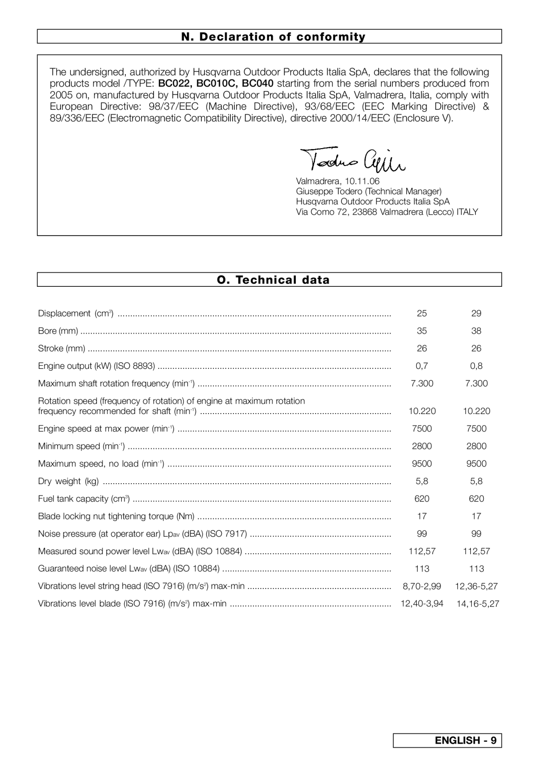 Husqvarna 257 B, 953900740, 953900739, 953900790, 257 L, 297 L, 249953 Declaration of conformity, Technical data 