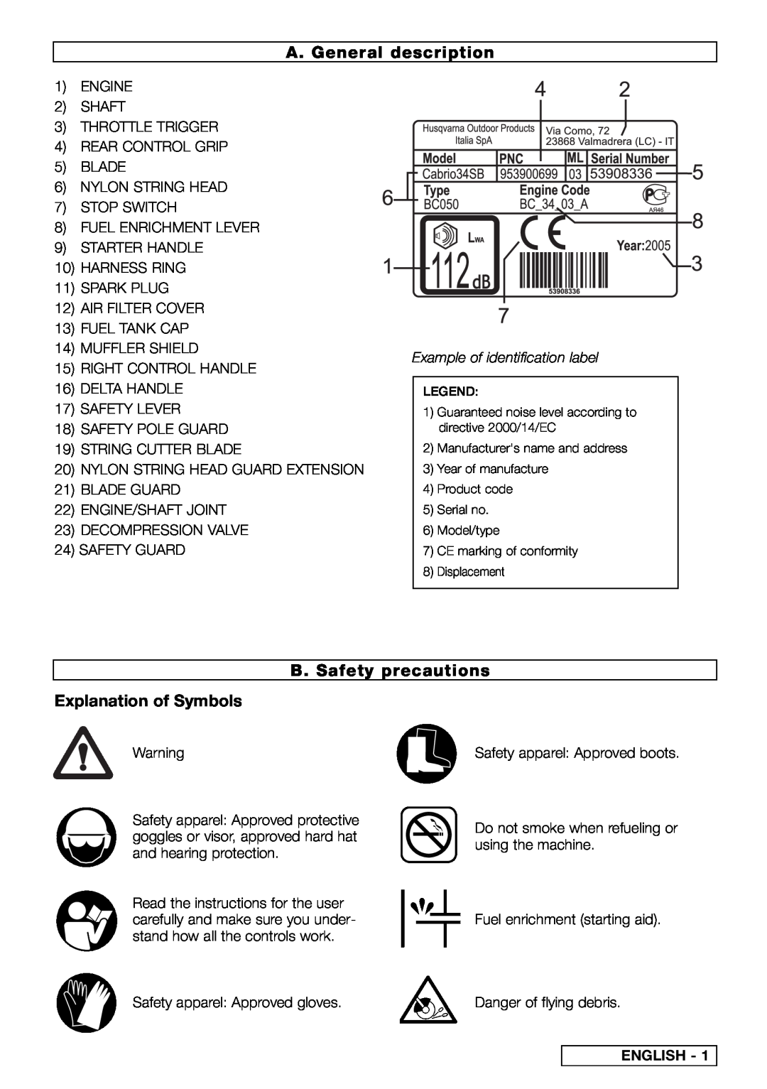 Husqvarna 2.710 L A. General description, B. Safety precautions Explanation of Symbols, Example of identification label 