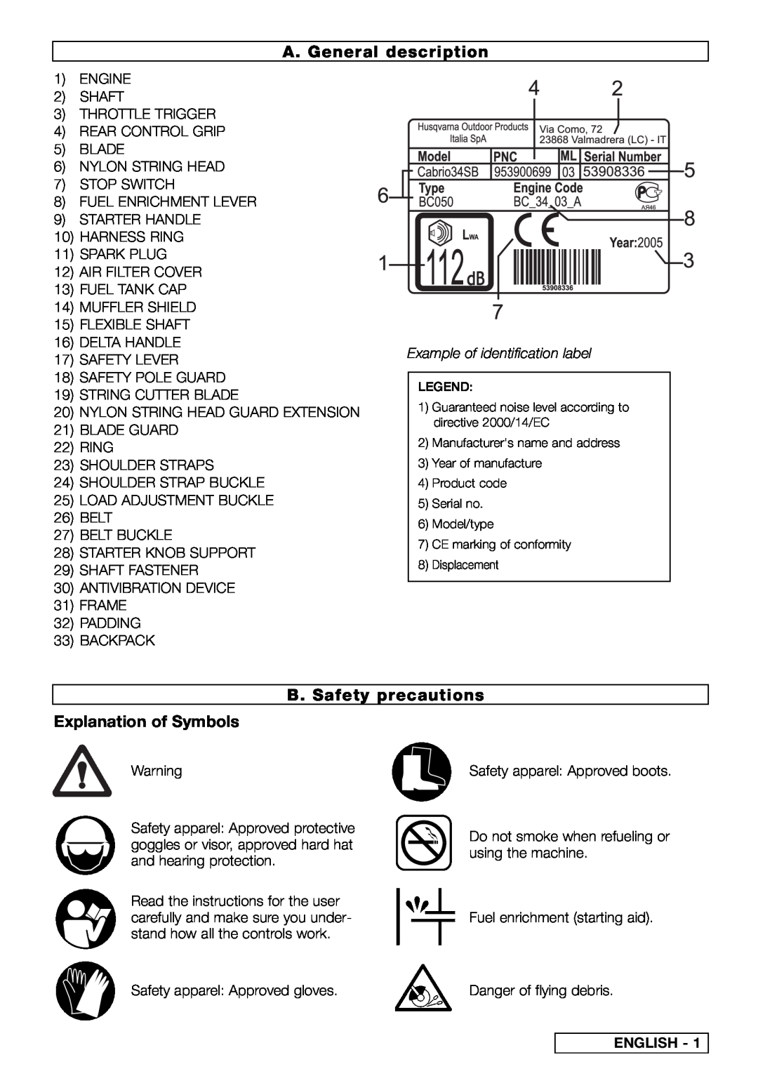 Husqvarna 953900791 A. General description, B. Safety precautions Explanation of Symbols, Example of identification label 