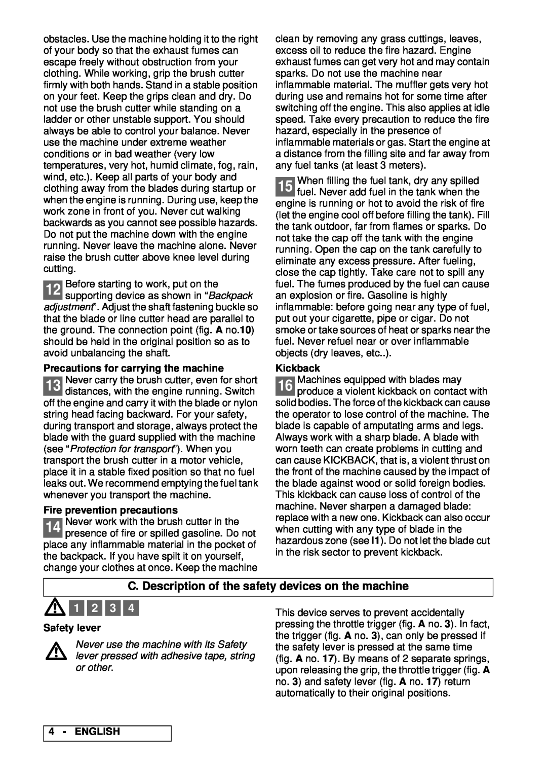 Husqvarna 2.010 BP C. Description of the safety devices on the machine, Precautions for carrying the machine, Kickback 
