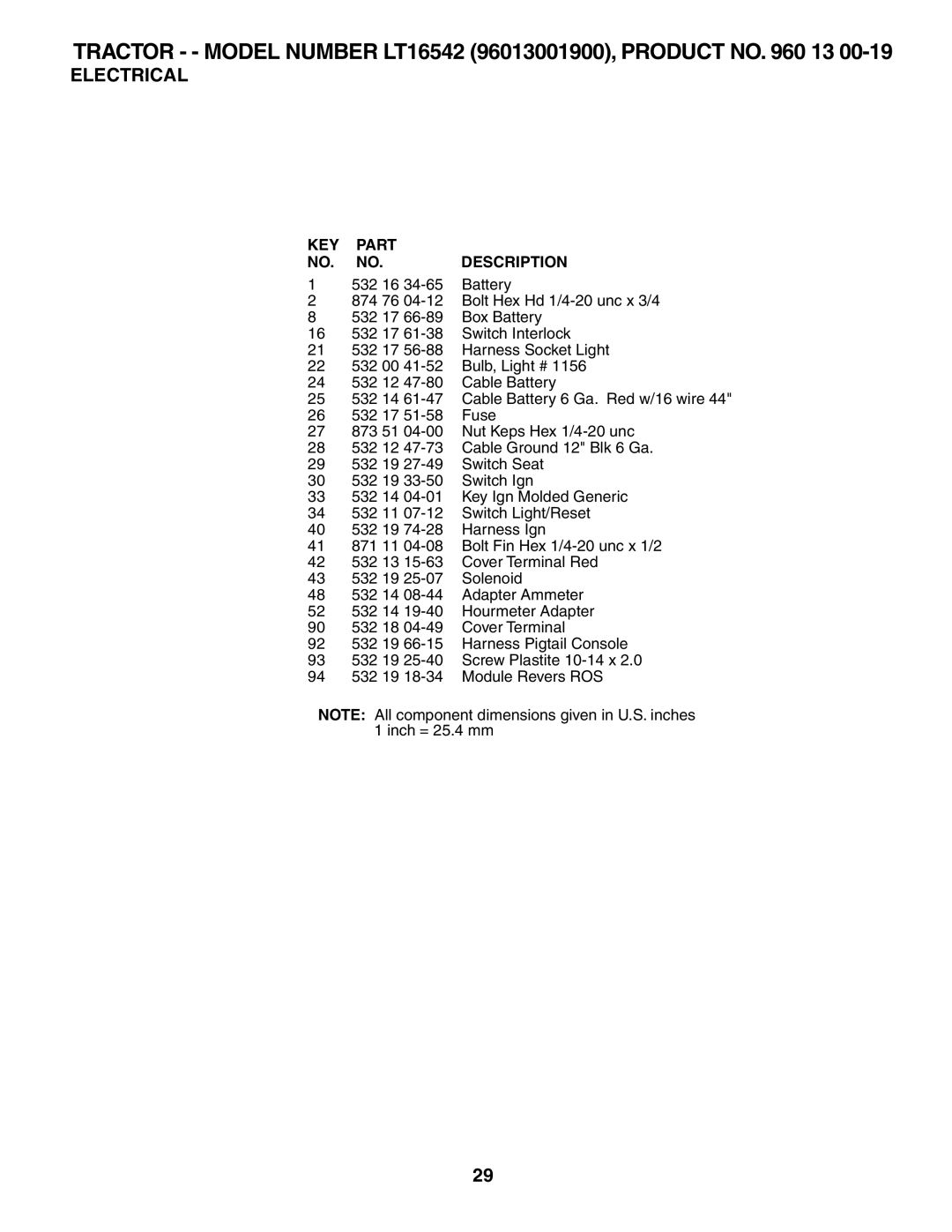 Husqvarna 96013001900 owner manual KEY Part Description 