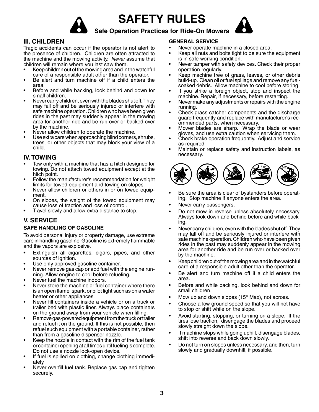 Husqvarna 96013001900 owner manual III. Children, IV. Towing, General Service, Safe Handling of Gasoline 