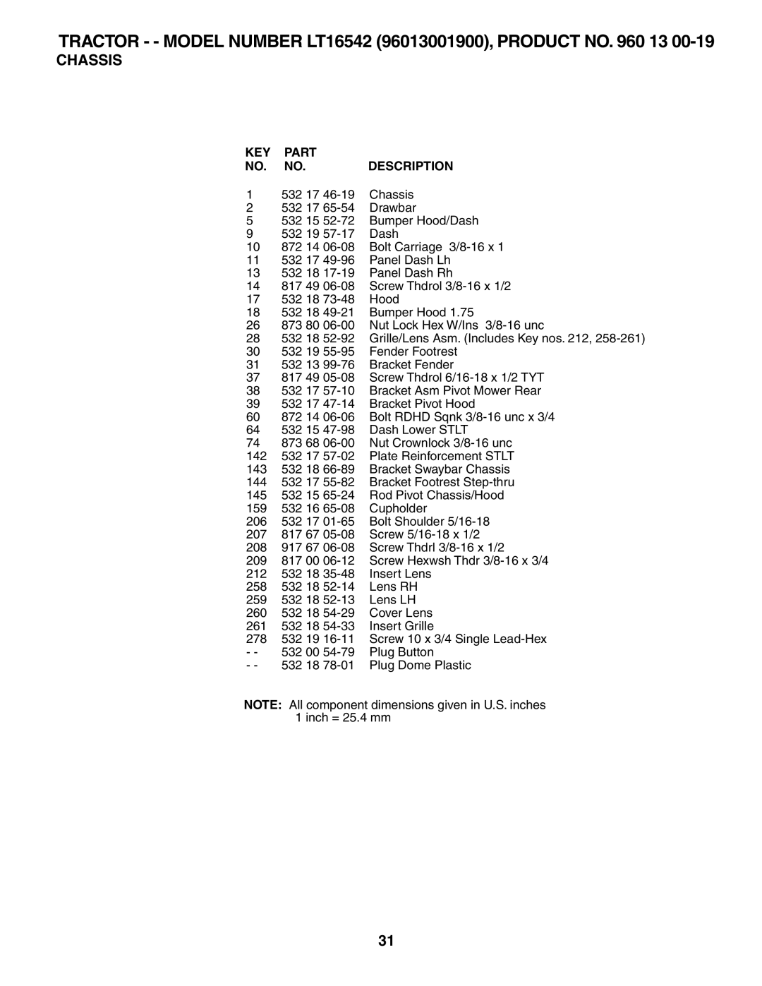 Husqvarna owner manual Tractor - Model Number LT16542 96013001900, Product no 13 