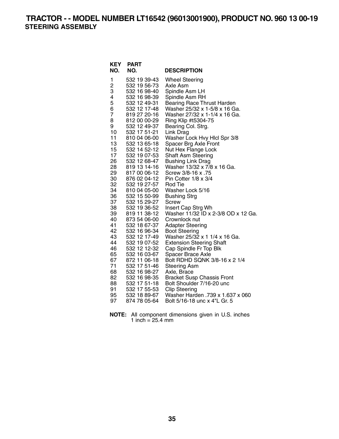 Husqvarna owner manual Tractor - Model Number LT16542 96013001900, Product no 13 