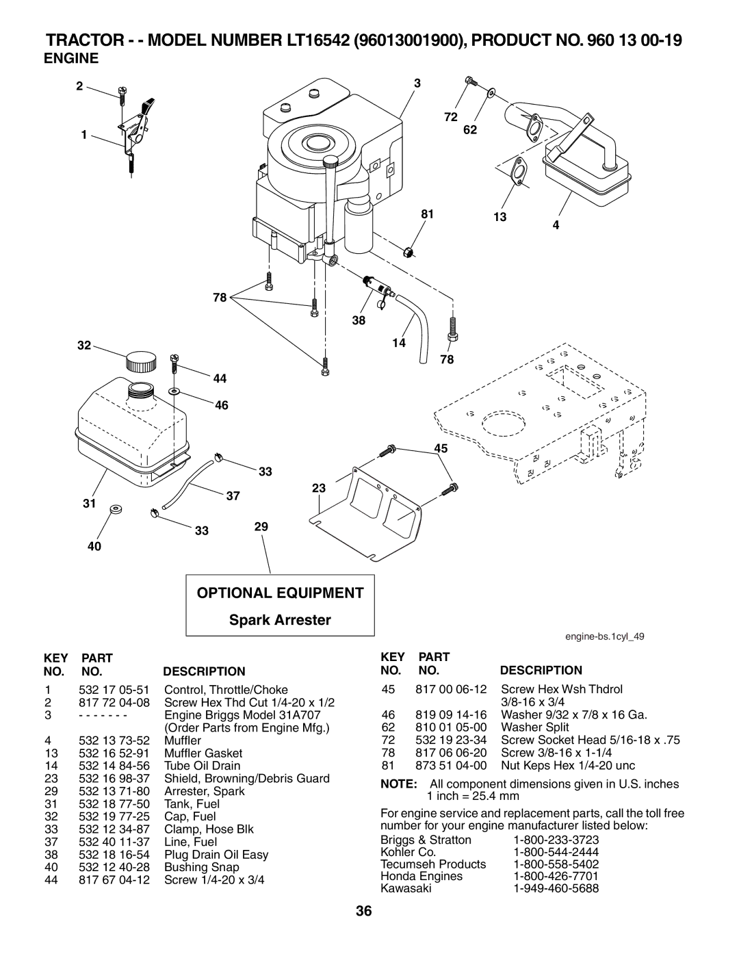 Husqvarna 96013001900 owner manual Engine, Optional Equipment, Spark Arrester 