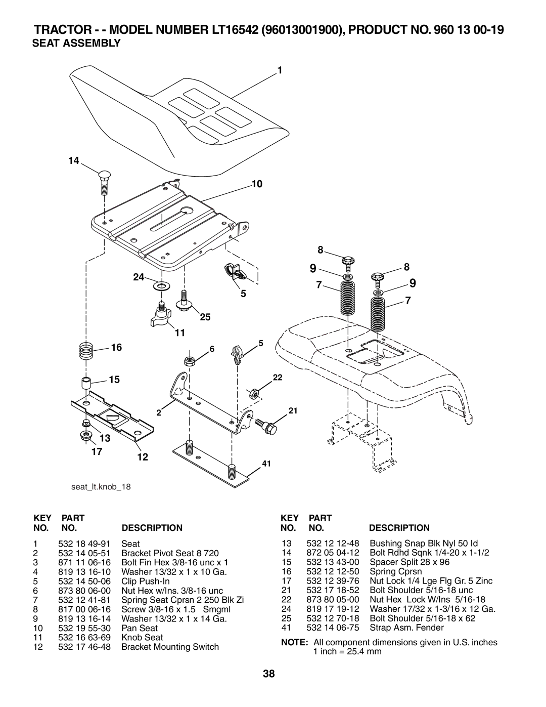 Husqvarna 96013001900 owner manual Seat Assembly, 532 18 Seat 