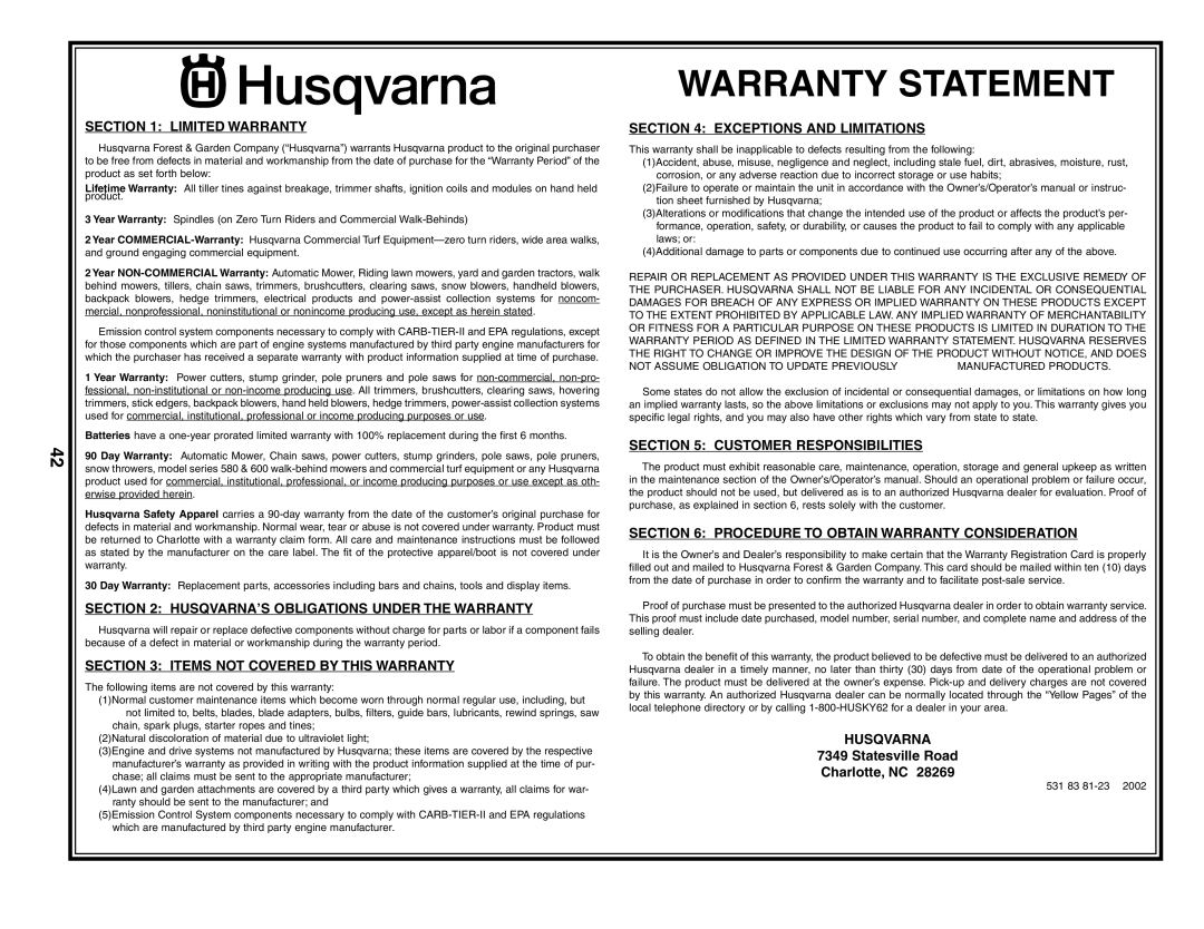 Husqvarna 96013001900 owner manual Warranty Statement 