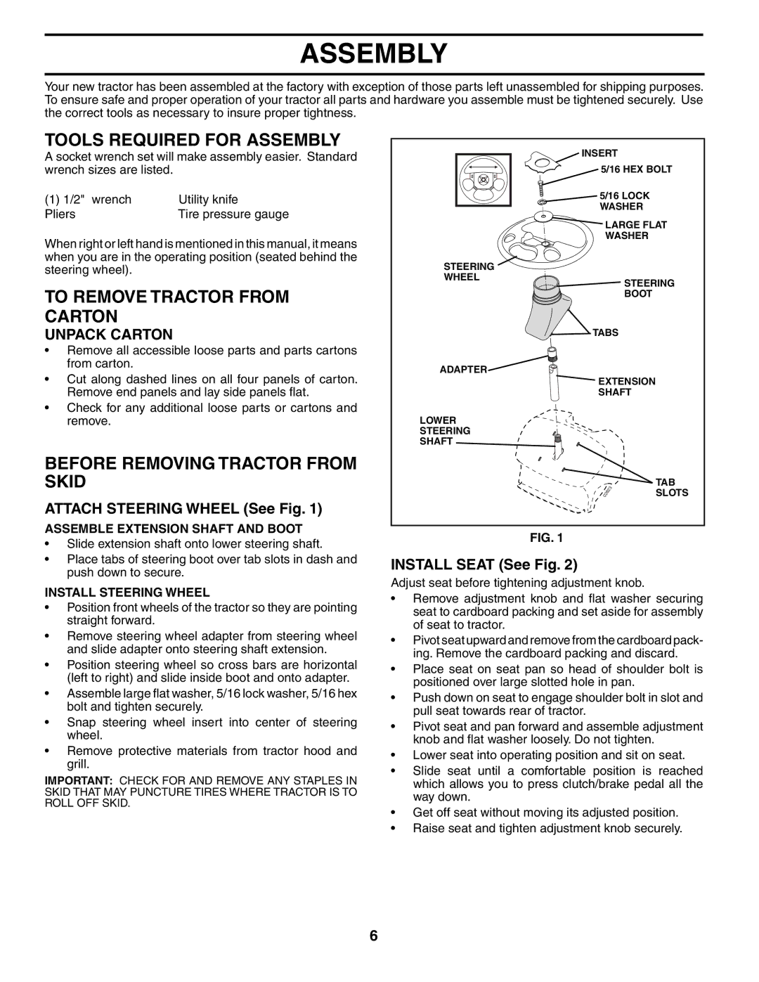 Husqvarna 96013001900 Tools Required for Assembly, To Remove Tractor from Carton, Before Removing Tractor from Skid 