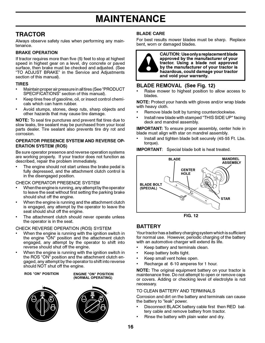 Husqvarna 96043002402, YT16542 owner manual Tractor, Blade Removal See Fig, Battery 