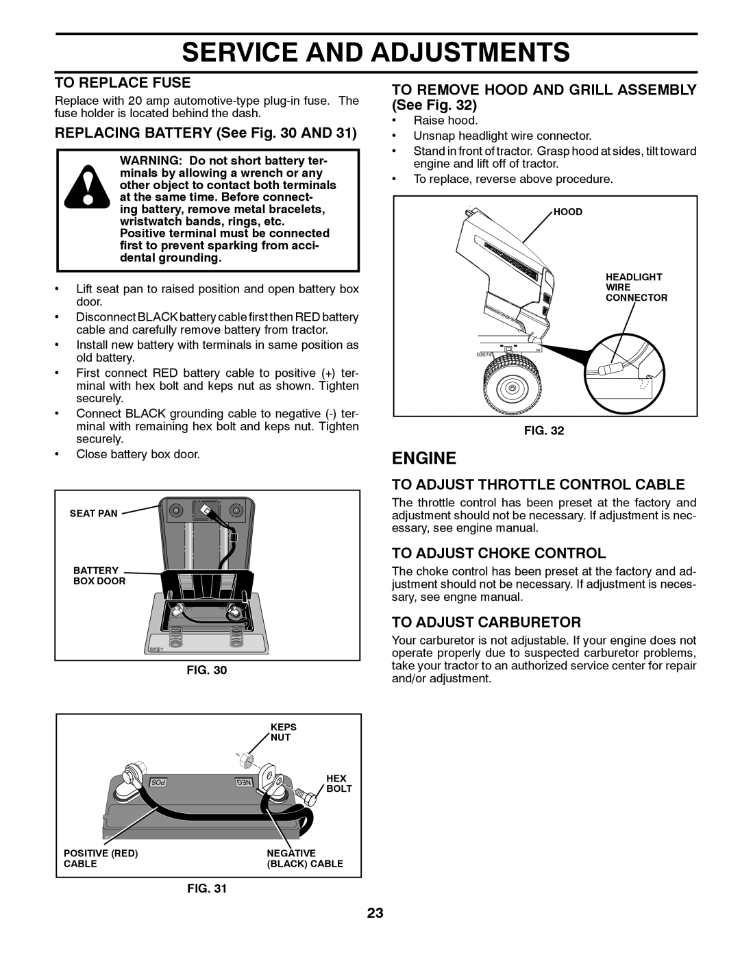 Husqvarna YT16542 To Replace Fuse, To Adjust Throttle Control Cable, To Adjust Choke Control, To Adjust Carburetor 