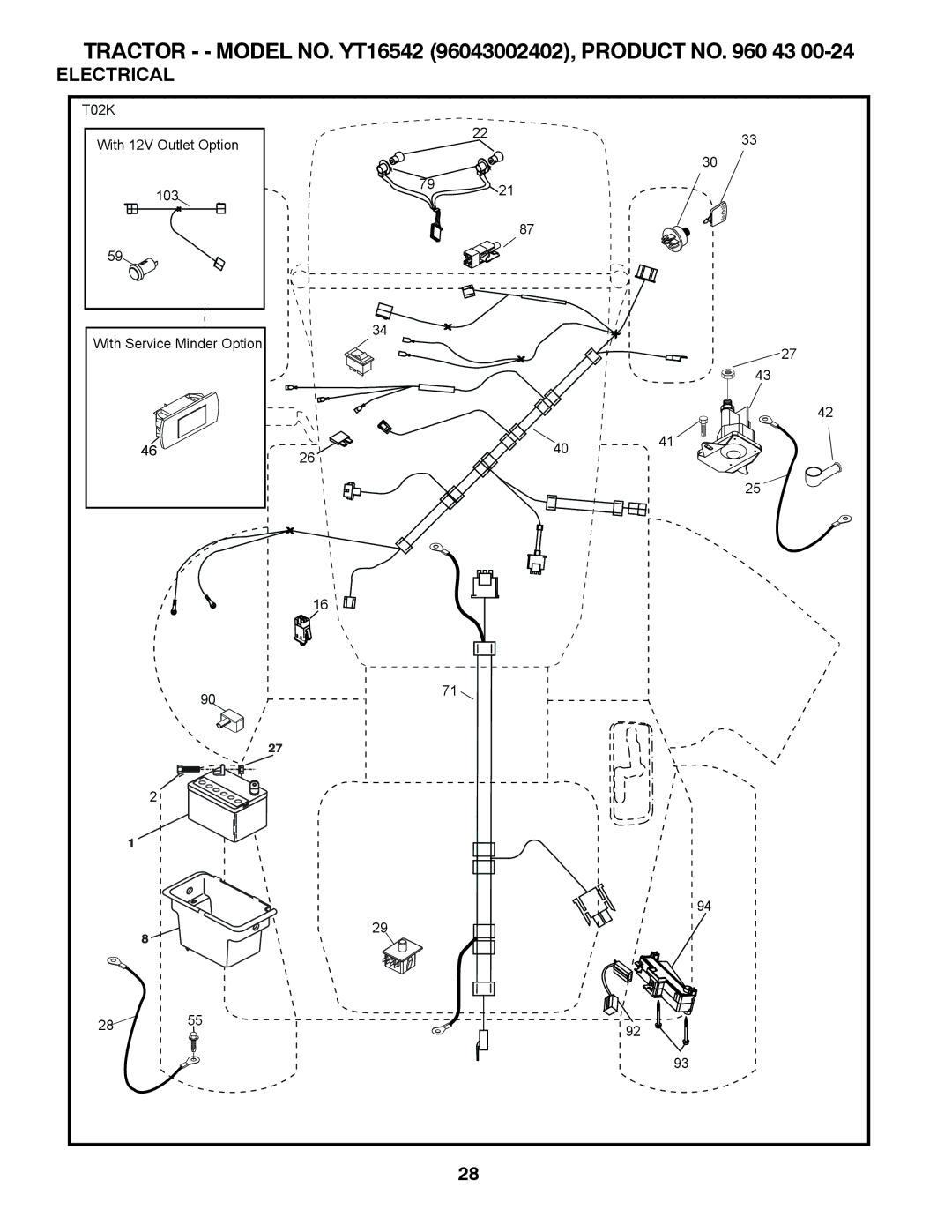 Husqvarna owner manual Tractor - Model NO. YT16542 96043002402, Product no 43 