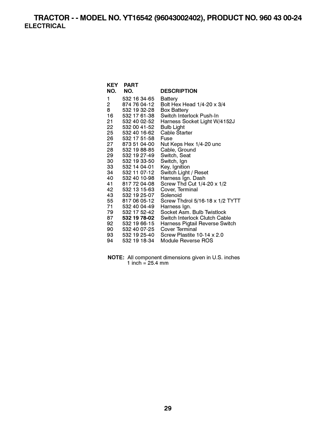 Husqvarna YT16542, 96043002402 owner manual Electrical, KEY Part Description 