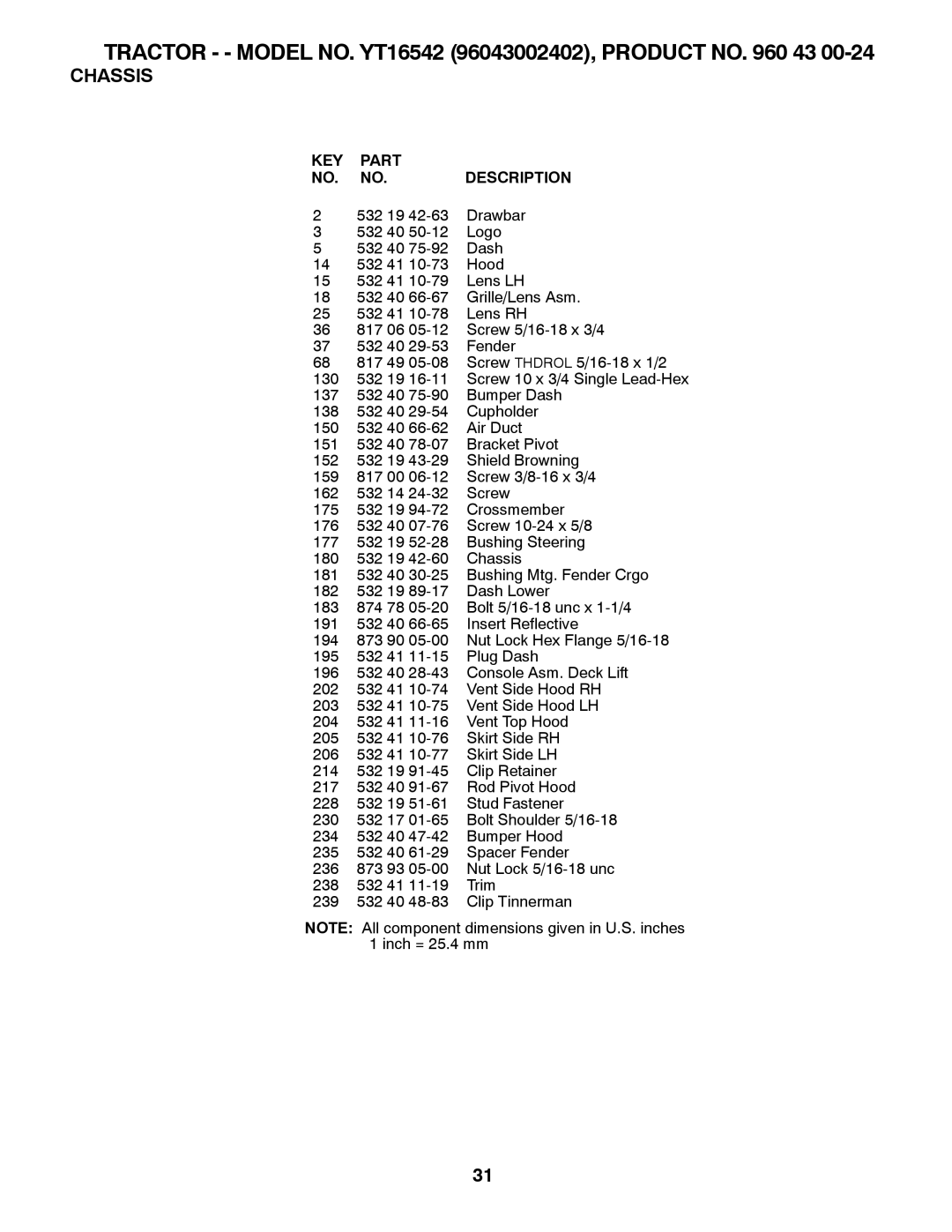 Husqvarna owner manual Tractor - Model NO. YT16542 96043002402, Product no 43 