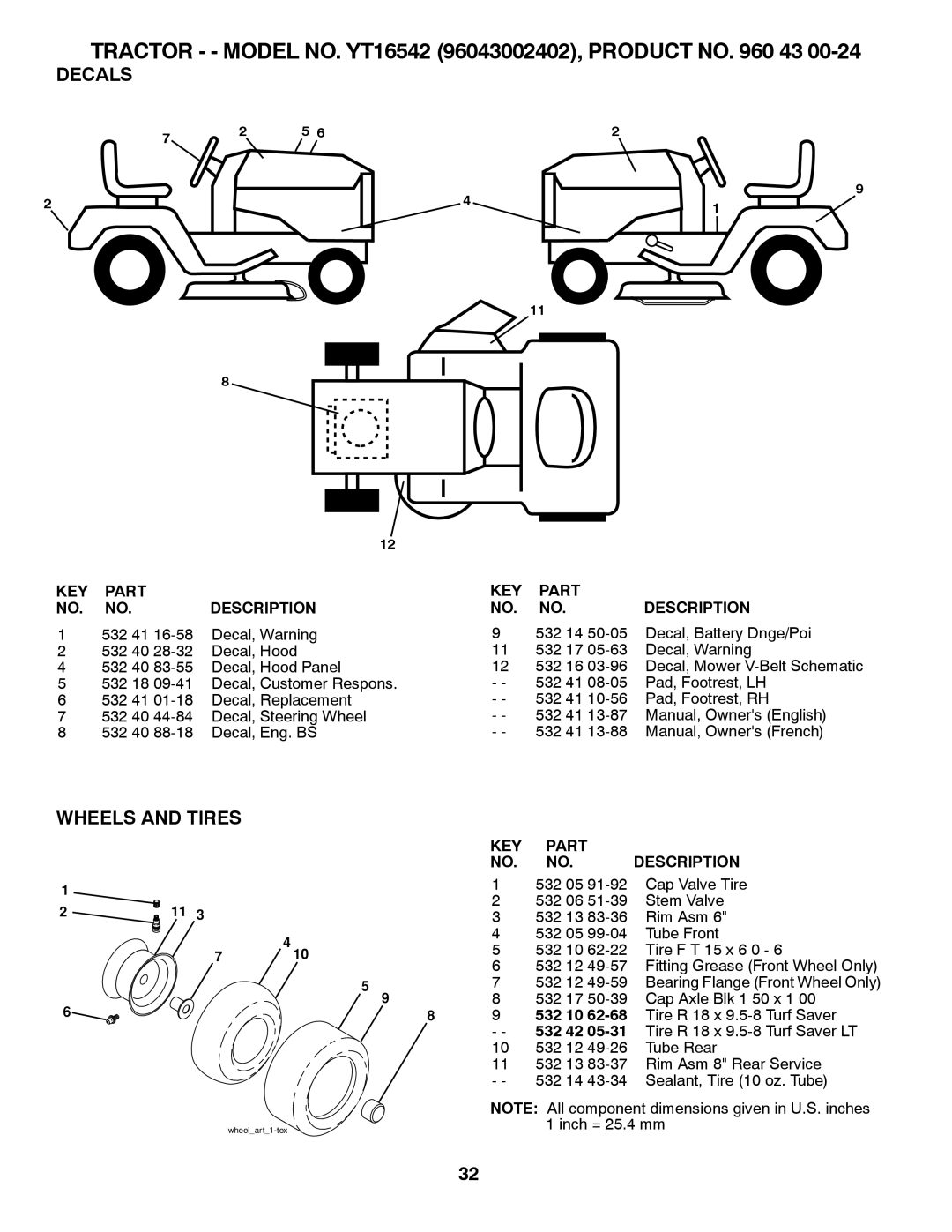 Husqvarna 96043002402, YT16542 owner manual Decals, Wheels and Tires 