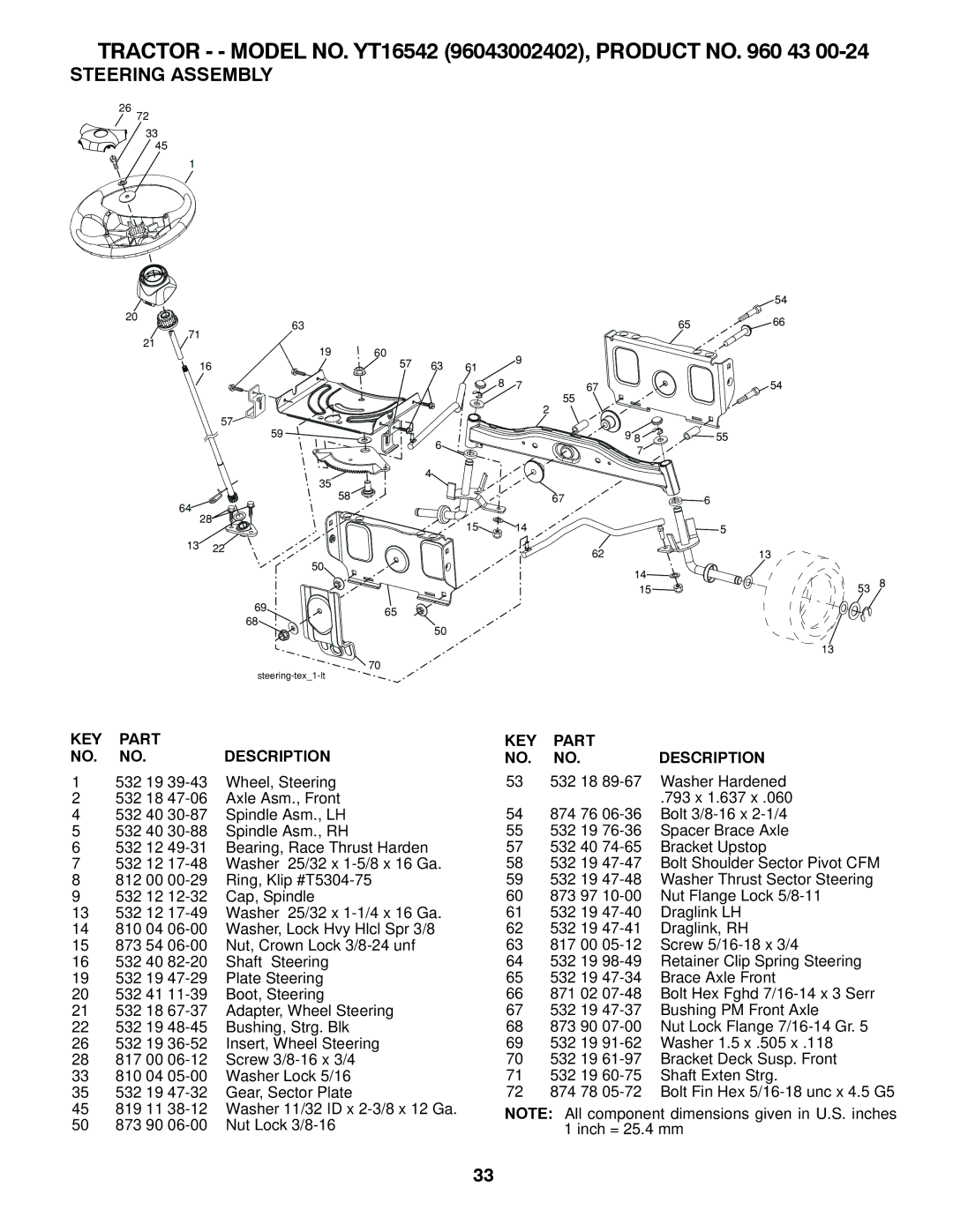 Husqvarna YT16542, 96043002402 owner manual Steering Assembly 