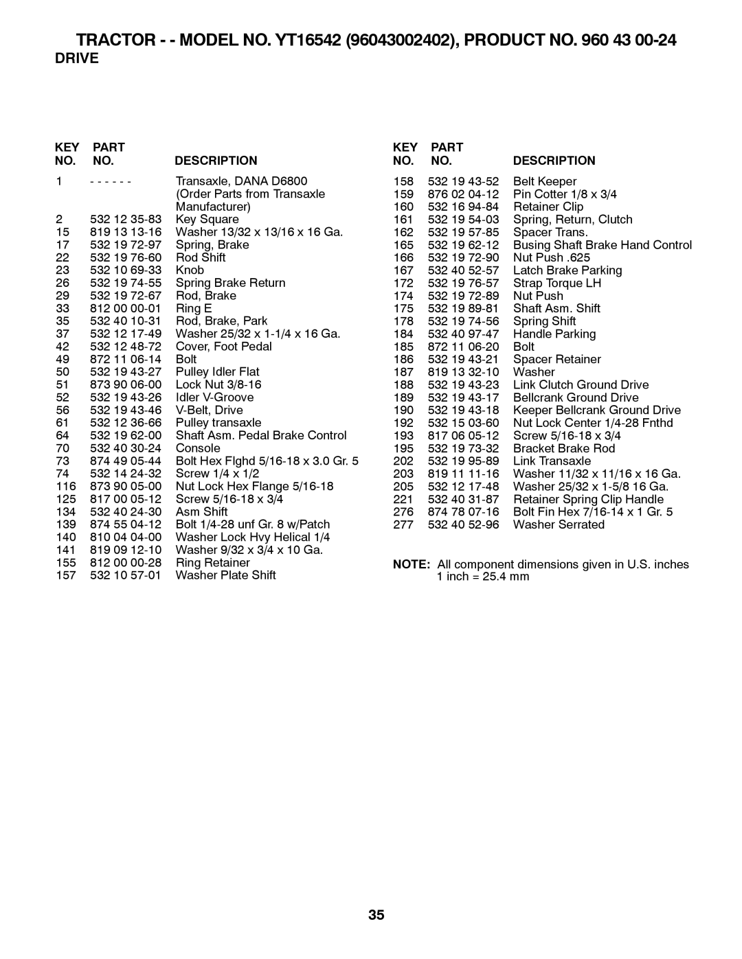 Husqvarna YT16542, 96043002402 owner manual Transaxle, Dana D6800 