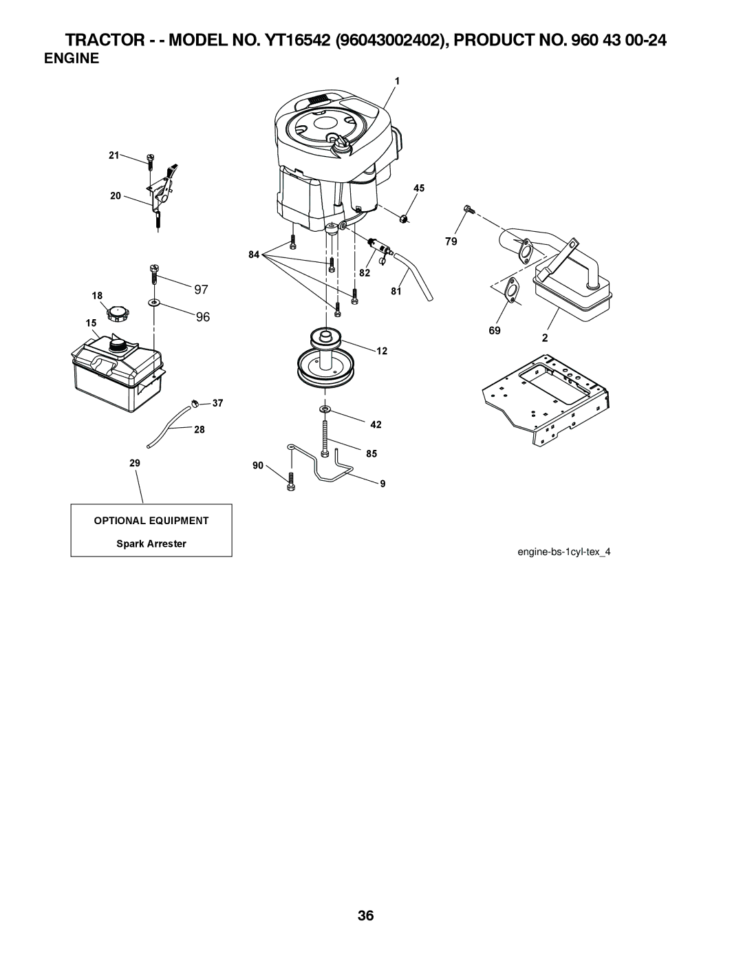 Husqvarna 96043002402, YT16542 owner manual Engine 