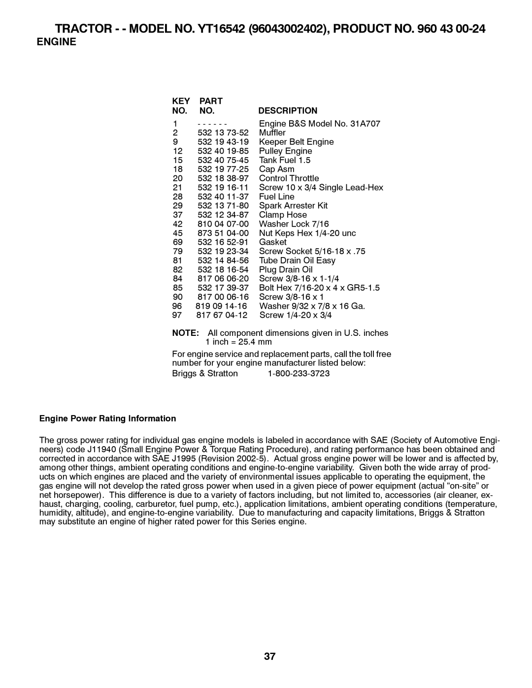 Husqvarna YT16542, 96043002402 owner manual Engine Power Rating Information 