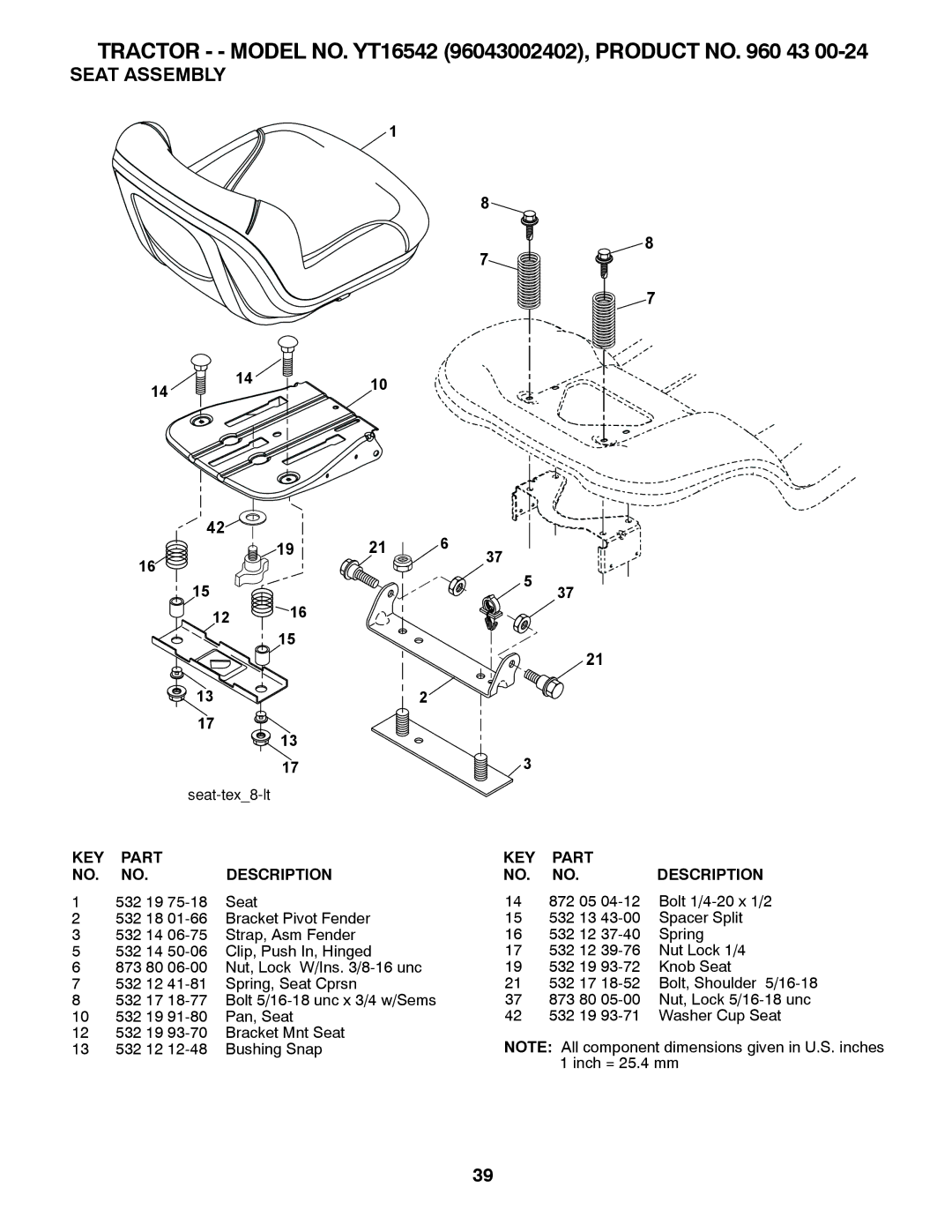 Husqvarna YT16542, 96043002402 owner manual Seat Assembly, 532 19 Seat 