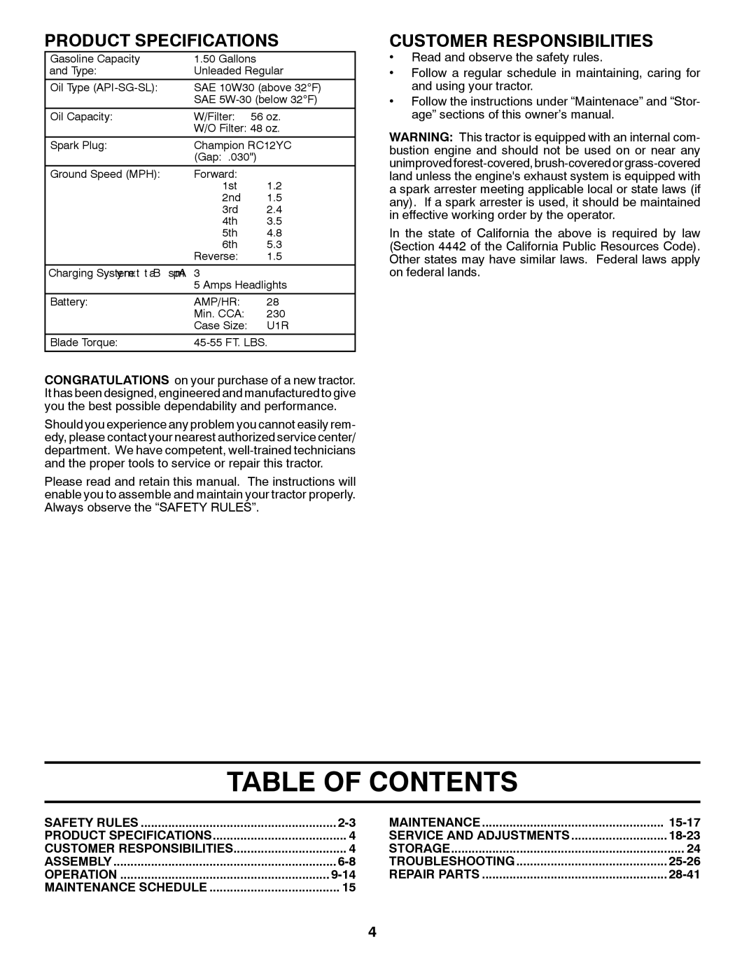 Husqvarna 96043002402, YT16542 owner manual Table of Contents 