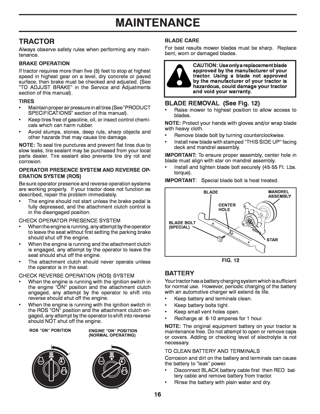 Husqvarna 96043002402, YT16542 owner manual Tractor, BLADE REMOVAL See Fig, Battery, Maintenance 