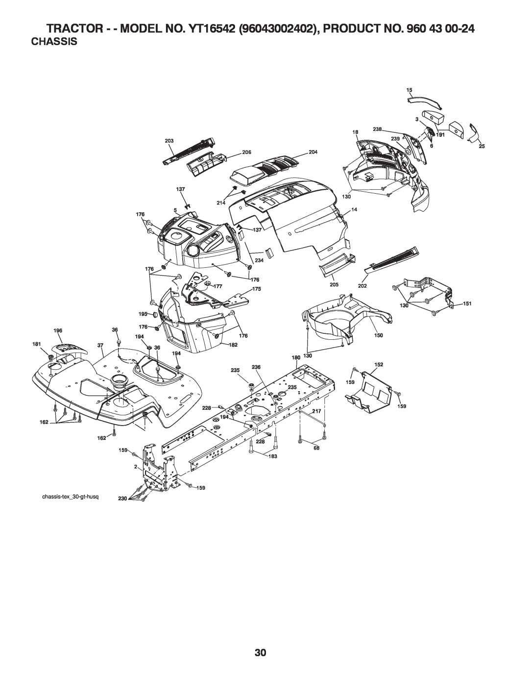 Husqvarna owner manual Chassis, TRACTOR - - MODEL NO. YT16542 96043002402, PRODUCT NO, 206 214, 204, 159 