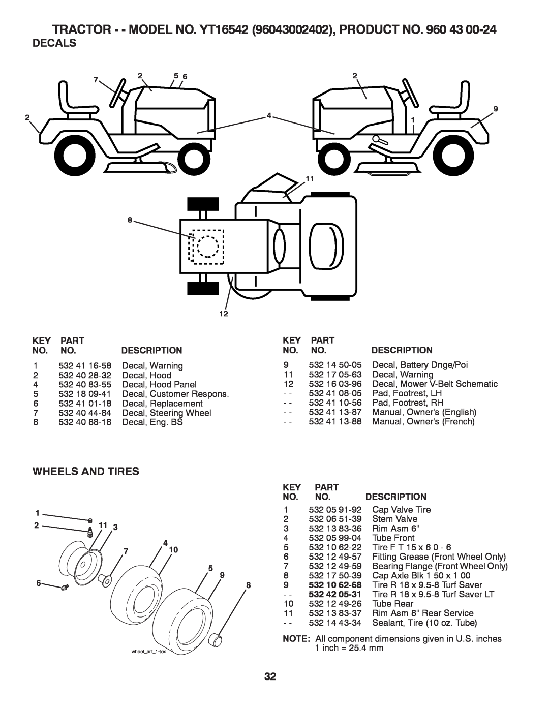 Husqvarna owner manual Decals, Wheels And Tires, TRACTOR - - MODEL NO. YT16542 96043002402, PRODUCT NO, wheelart1-tex 