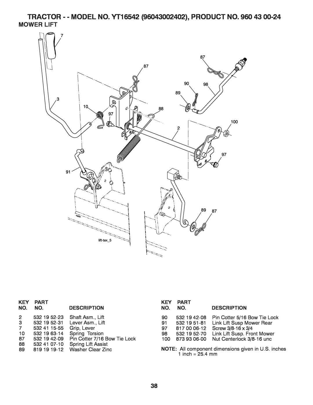 Husqvarna owner manual Mower Lift, TRACTOR - - MODEL NO. YT16542 96043002402, PRODUCT NO, lift-tex5 