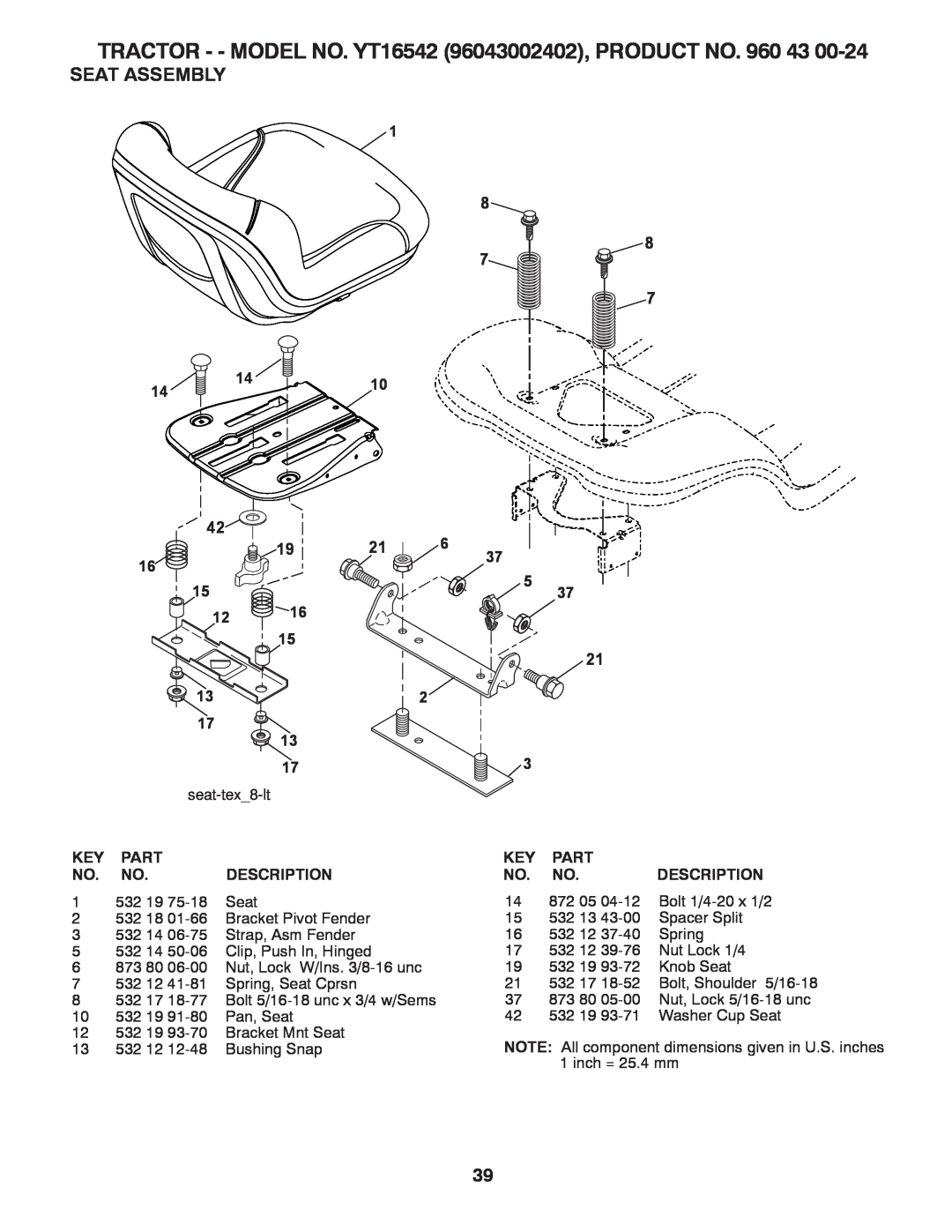 Husqvarna owner manual Seat Assembly, TRACTOR - - MODEL NO. YT16542 96043002402, PRODUCT NO, Seattex?Lt 