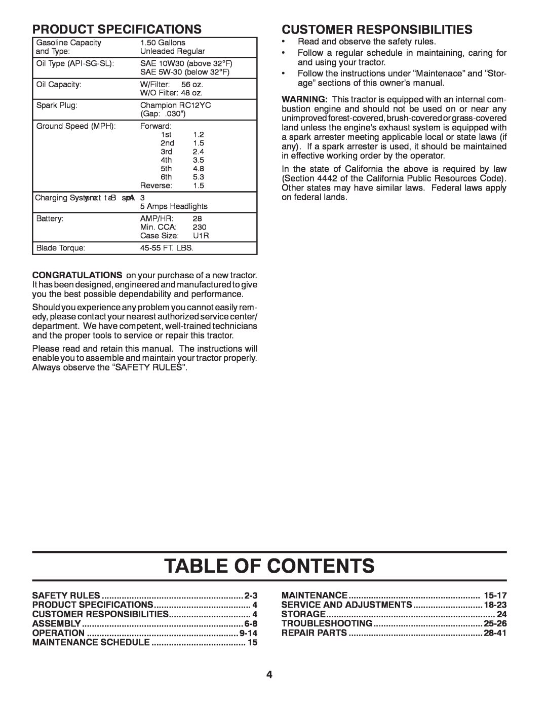 Husqvarna 96043002402, YT16542 owner manual Table Of Contents, Product Specifications, Customer Responsibilities 