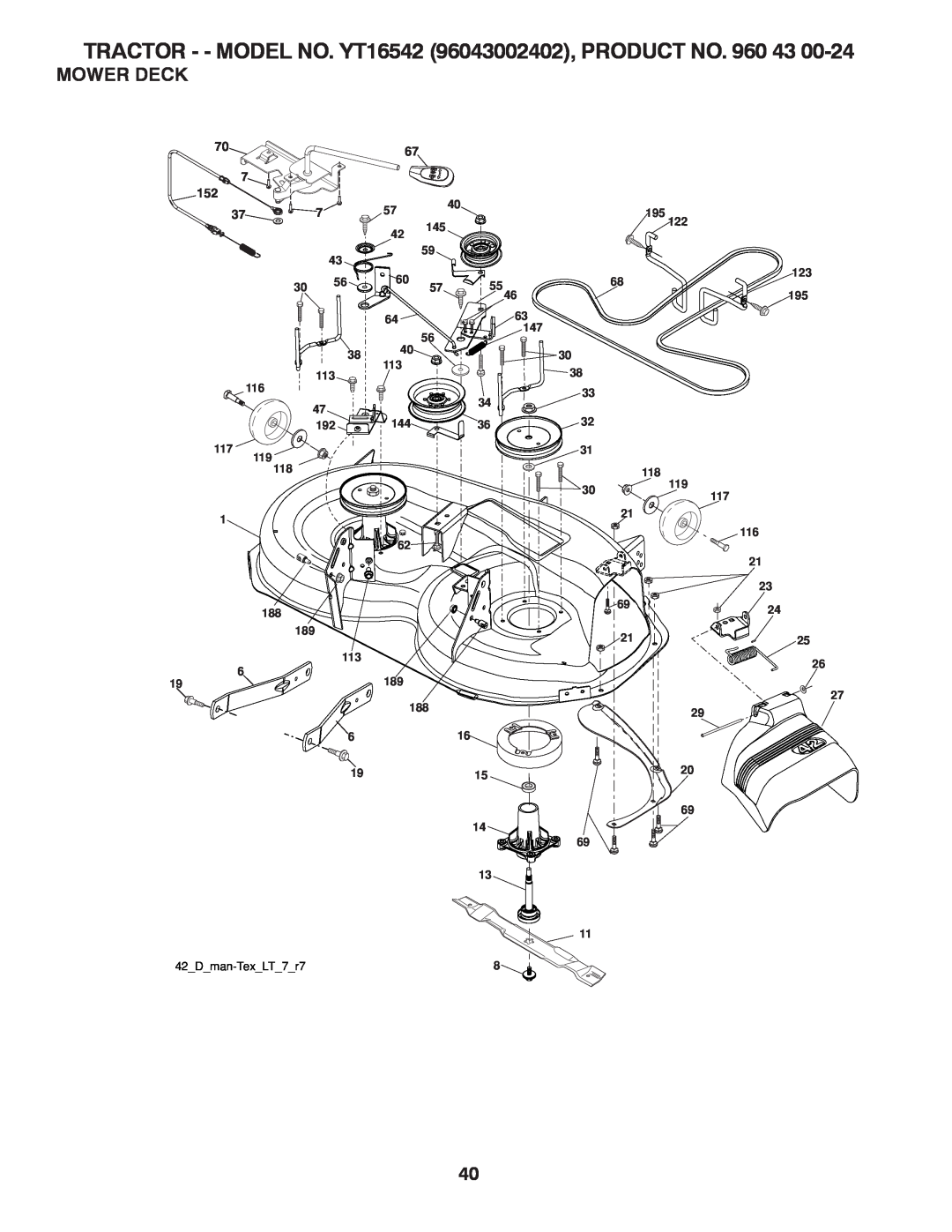Husqvarna owner manual Mower Deck, TRACTOR - - MODEL NO. YT16542 96043002402, PRODUCT NO. 960 43 
