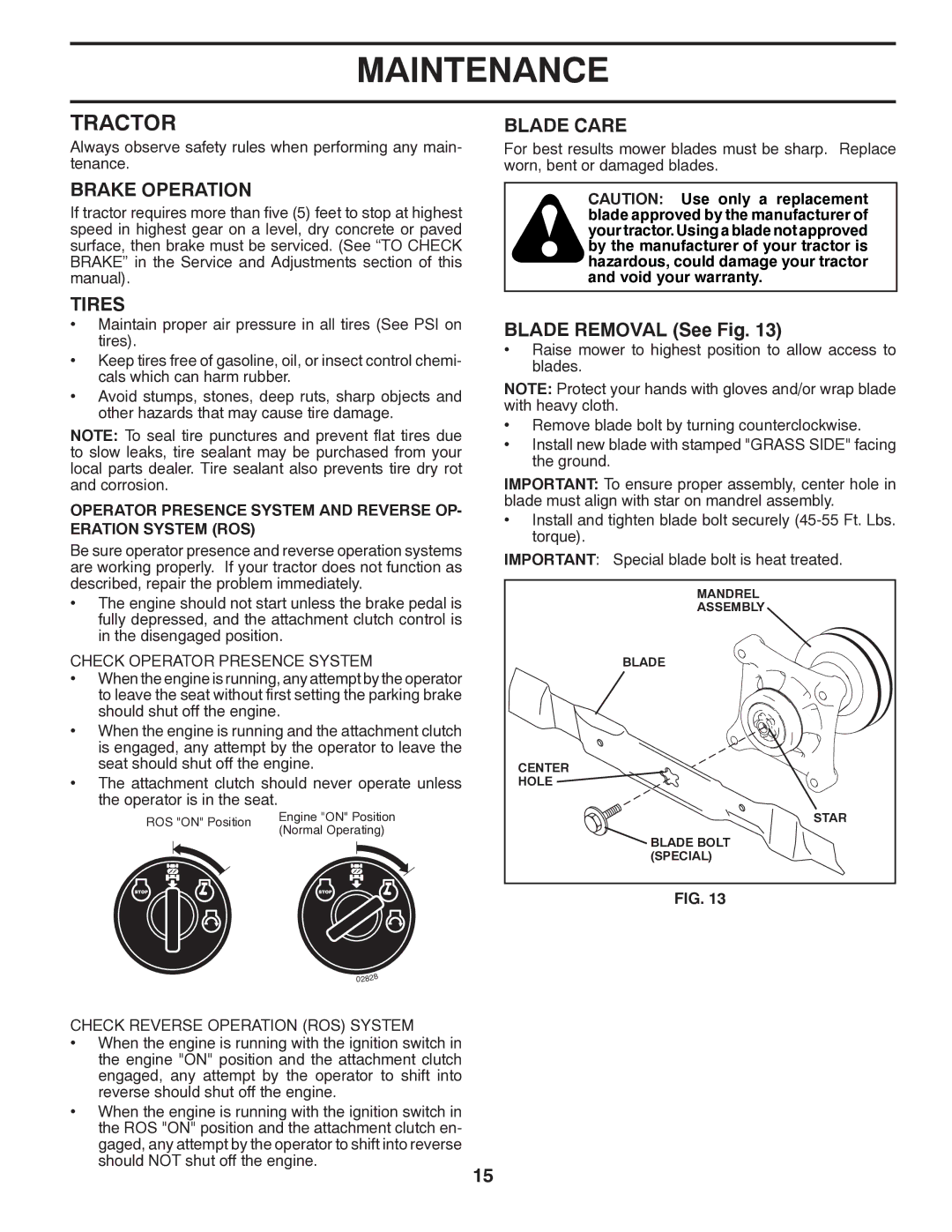 Husqvarna 96043005200 manual Tractor, Brake Operation, Blade Care, Tires, Blade Removal See Fig 
