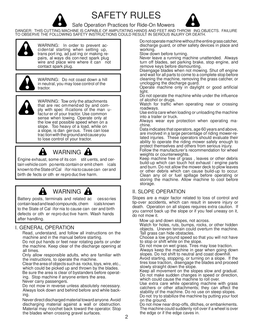 Husqvarna 96043005200 Safety Rules, Safe Operation Practices for Ride-On Mowers, General Operation, II. Slope Operation 