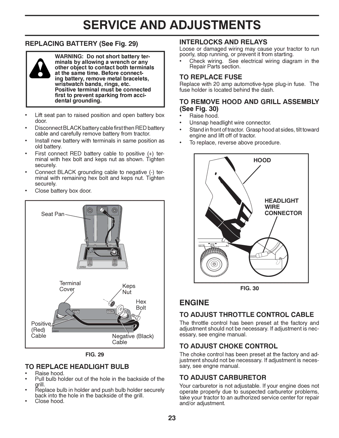 Husqvarna 96043005200 To Replace Headlight Bulb, Interlocks and Relays, To Replace Fuse, To Adjust Throttle Control Cable 