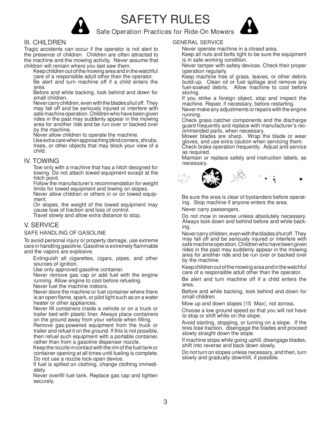 Husqvarna 96043005200 manual III. Children, IV. Towing, Safe Handling of Gasoline, General Service 